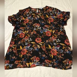DR2 Floral Blouse With Split Sides At Hip Size XXL Black Flowers Birds